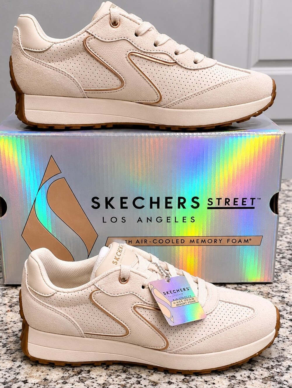 Skechers Women's Casual Sneakers in Light Cream with Rose Gold Accents